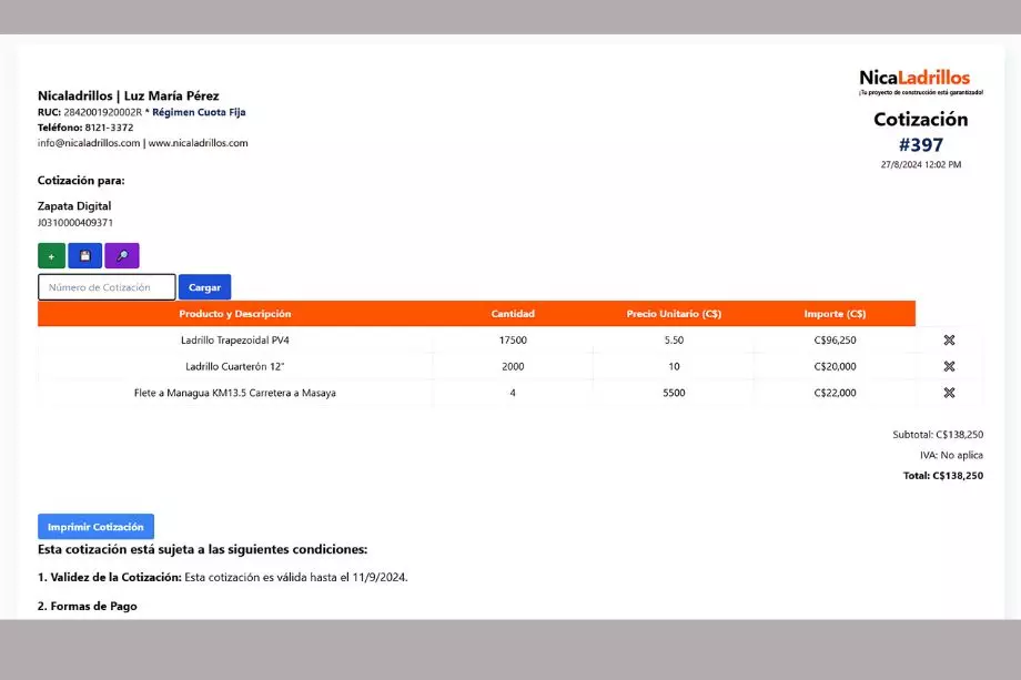 Plataforma web de cotización personalizada para Nicaladrillos - Desarrollo y soporte por Roderick Zapata